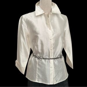 Sigrid Olsen Cream Silk Button Front Three Quarter Sleeve Minimalist Blouse 12